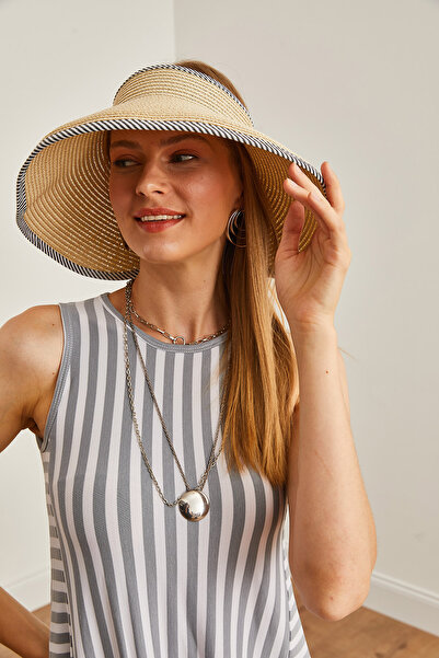 Olalook قبعة قناع من القش مخططة باللون البيج - مزينة بفيونكة وظهر ŞPK- 00000013