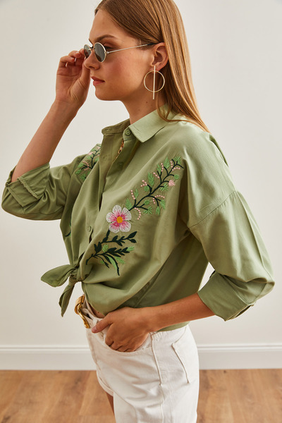 Olalook Mold Green Embroidered Oversize Women's Shirt - GML-19001228