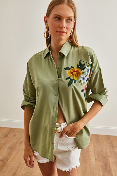 Olalook Green Embroidered Flower Patterned Oversize Women's Shirt - GML-19001228