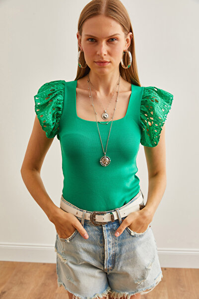 Olalook Πράσινη τετράγωνη γιακάς πλεκτά γυναικεία μπλούζα - BLZ-19002699