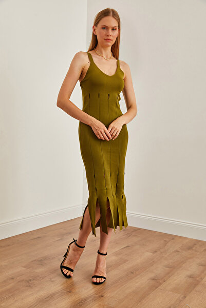 Olalook Kadın Haki Askılı Püsküllü Triko Elbise ELB-19002216