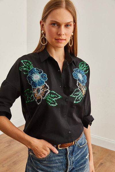 Olalook Cămașă neagră cu model floral din palmier - Detaliată cu paiete, țesută, GML-19001225