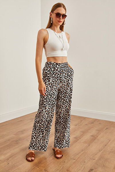 Olalook Leopard Patterned Ecru Palazzo Trousers - Pockets and Elastic Back PNT-19000286