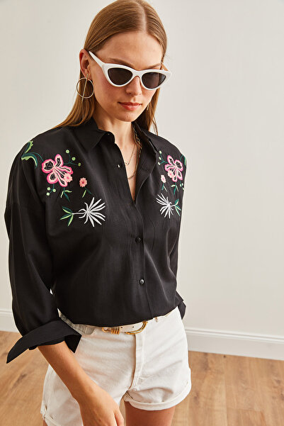 Olalook Γυναικείο πουκάμισο Oversize σε μαύρο κεντημένο Lilyum - GML-19001228