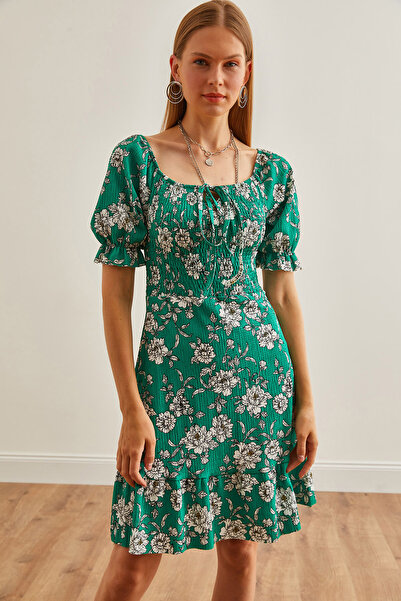 Olalook Kadın Yeşil Beyaz Boyundan Bağlamalı Gipeli Mini Elbise ELB-19002219