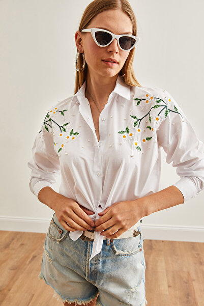 Olalook Cămașă de damă supradimensionată cu brodat Daisy alb - GML-19001228