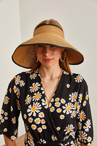 Olalook Черна дамска шапка с козирка и детайлна сламена визия - ŞPK-00000013