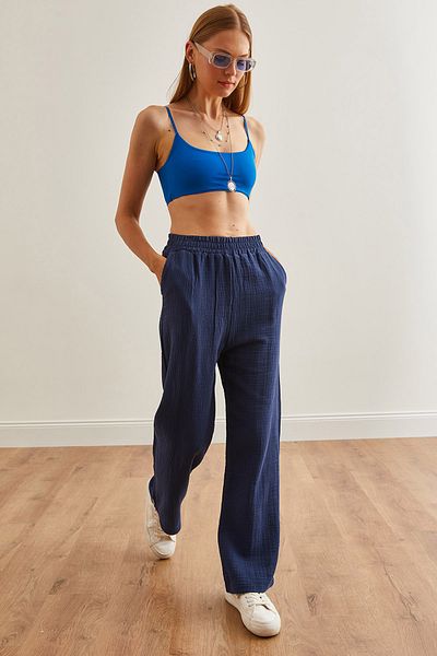 Olalook Navy Blue Muslin Women's Trousers - Pockets and Elastic Waist PNT-19000279