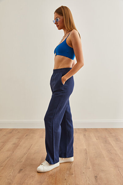 Olalook Kadın Lacivert Beli Lastikli Cepli Müslin Pantolon PNT-19000279