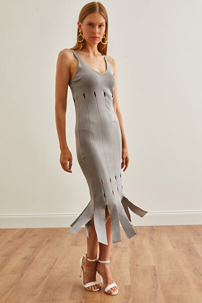 Olalook Γκρι Φούντα Πλεκτά Γυναικείο Φόρεμα - Strappy Μοντέλο ELB-19002216