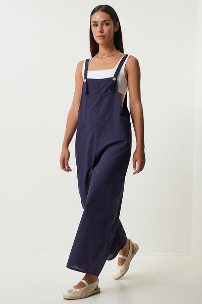 Happiness İstanbul Marineblauer Sommer-Jumpsuit aus dünnem Gabardine - Strappy Gardener für Damen KY00011