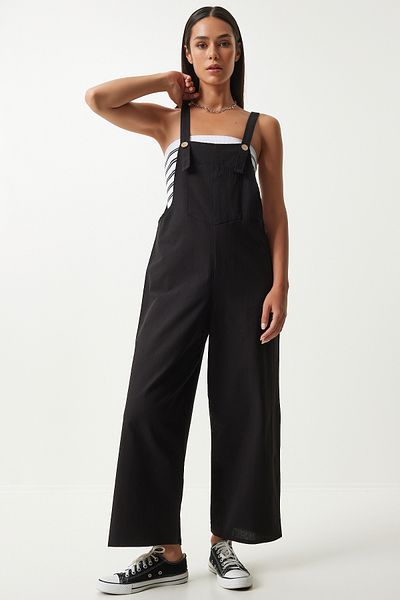 Happiness İstanbul Black Thin Gabardine Summer Jumpsuit - Women's Strappy Gardener KY00011