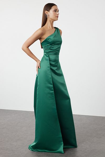 Trendyol Collection Emerald Green One Shoulder Satin Evening Dress - Homecoming Dress TPRSS24AE00231
