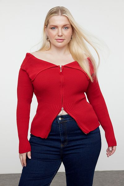 Trendyol Curve كارديجان تريكو أحمر داكن بياقة واسعة - بسحاب TBBAW25AV00002
