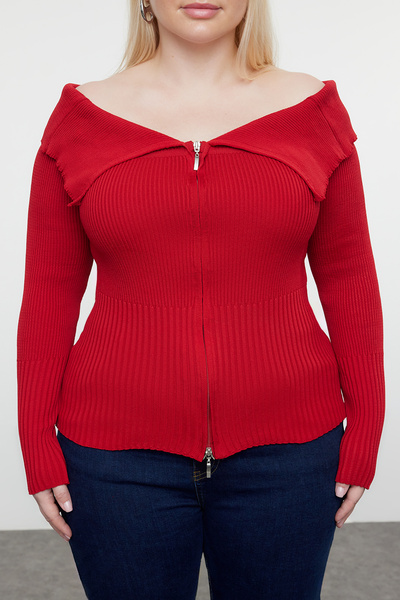 Trendyol Curve Wide Collar Dark Red Knitwear Cardigan - Zippered TBBAW25AV00002