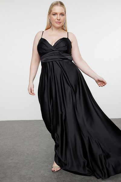 Trendyol Curve Black Maxi Double Breasted Collar A-Cut Evening Dress/Evening/Graduation/Engagement Dress - TBBSS24AD00004