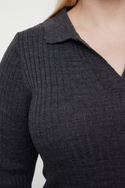 Trendyol Curve Tricotaj cu snur Rochie cu guler polo - Antracit TBBAW23AH00002