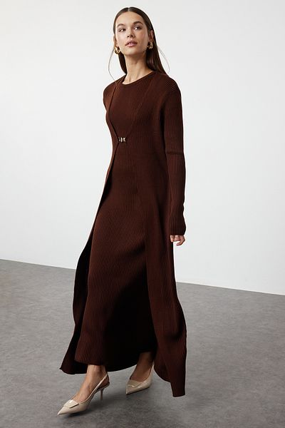 Trendyol Modest Κοτλέ Καφέ Σετ Πλεκτά Φόρεμα και Ζακέτα - TCTAW23US00118