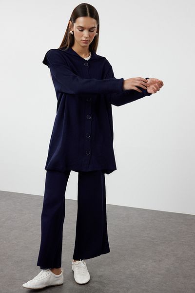 Trendyol Modest Navy Blue Knitwear Cardigan and Trousers Set - Collar Detailed TCTAW23US00100
