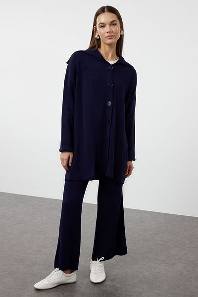 Trendyol Modest Navy Blue Knitwear Cardigan and Trousers Set - Collar Detailed TCTAW23US00100