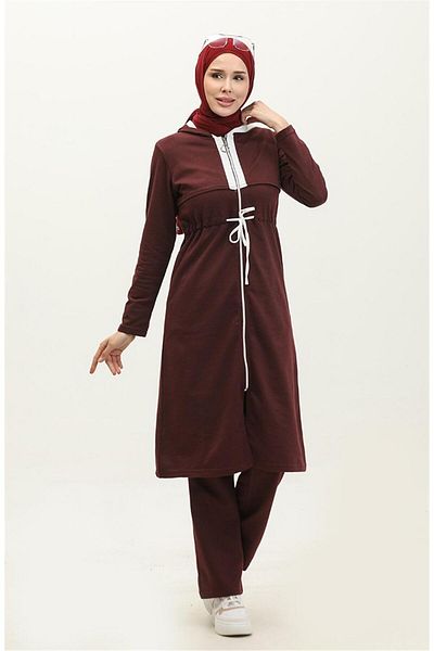 Bwest Hooded Zippered Waist White Laced Plain Basic Double Sports Set - 03074 - Plum