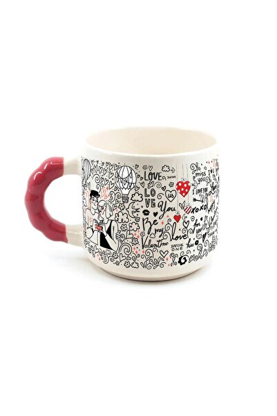 Kırtasiye Ofisi كوب عيد الحب بالخرز الأحمر بمقبض على شكل حب