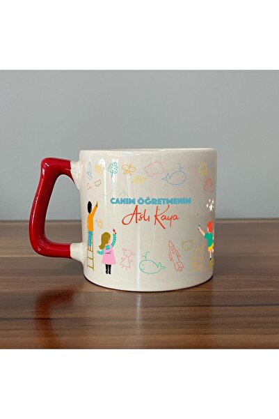 figiplus Kişiye Özel Canım Öğretmenim Çizimler Baskılı Kırmızı Kulplu D Kupa