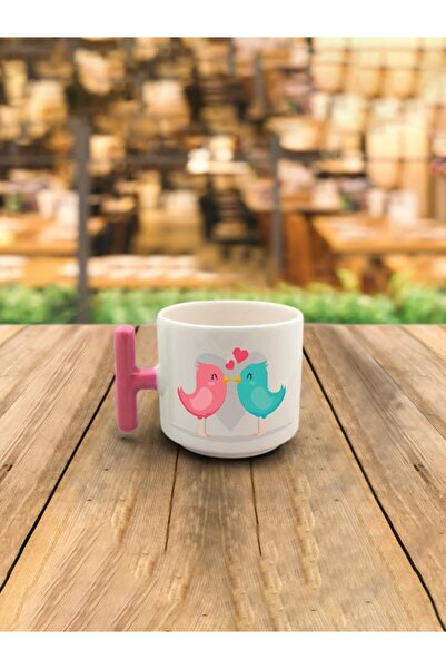 Kırtasiye Ofisi كوب لاتيه مطبوع عليه قبلة الطيور مع مقبض وردي