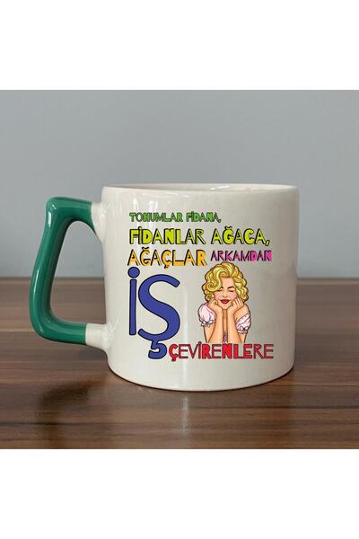 Kırtasiye Ofisi كوب على شكل حرف D مع مقبض أخضر مطبوع عليه بذور فيدانا وشجرة ش...