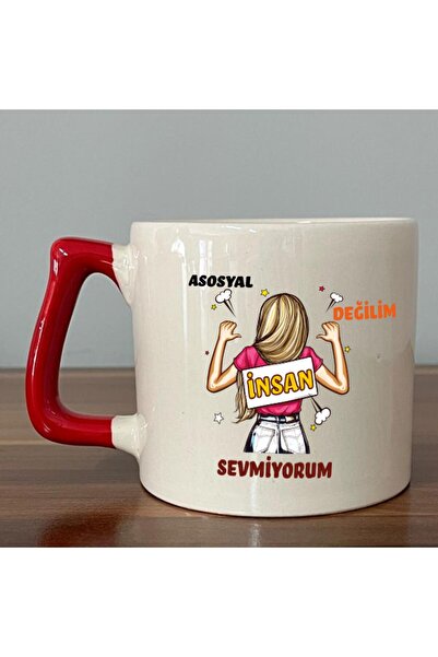 Kırtasiye Ofisi Asosyal Değilim İnsan Sevmiyorum Baskılı Kırmızı Kulplu D Kupa