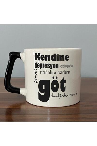 Kırtasiye Ofisi Kendine Depresyon Teşhisi Koymadan Önce Baskılı Siyah Kulplu D Kupa