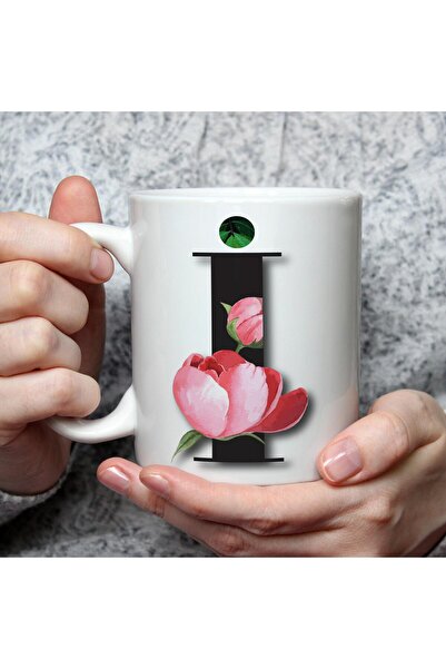 Kırtasiye Ofisi كوب أبيض مطبوع عليه حرف I مزين بالزهور