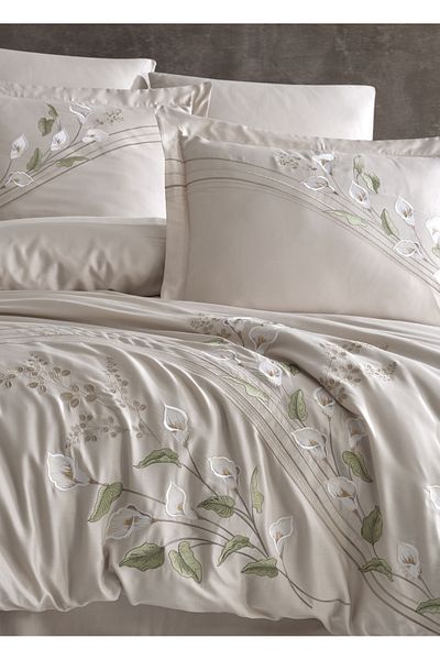 Dantela Double Embroidered Duvet Cover Set - Cala Beige Cotton Satin