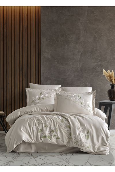 Dantela Double Embroidered Duvet Cover Set - Cala Beige Cotton Satin