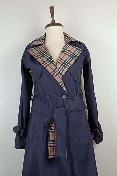 duay butik Print Detailed Trench Coat Navy Blue K333