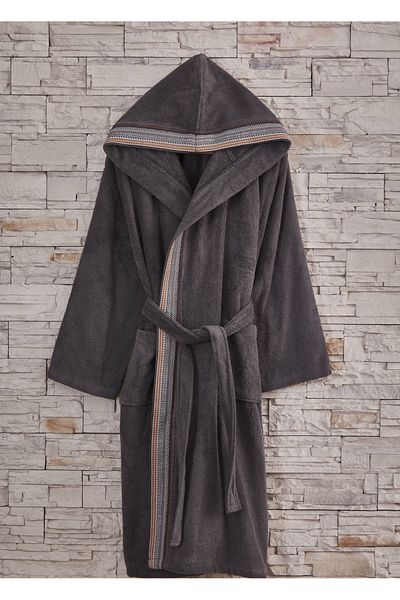 Dantela Men's Gray Jacquard Hooded Cotton Single Bathrobe - 2Xl/3Xl