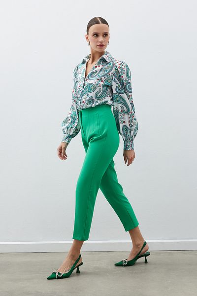 Sateen High Waist Trousers - Green