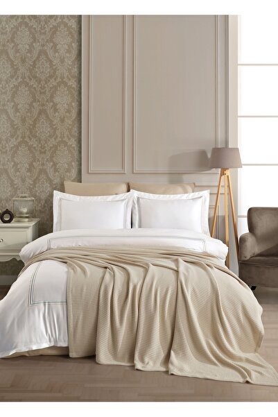 Dantela Florentino Nakışlı Nevresim Takımı&Pike Seti - Beyaz/Bej