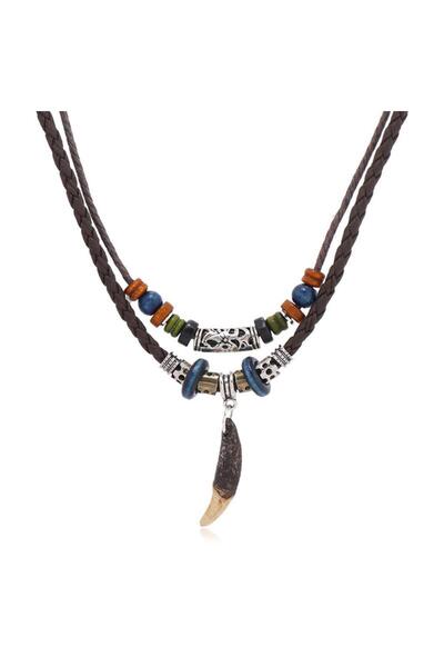 Profisher Doğal Tibet 3-4cm Kurt Dişi Kolye Brown Ayarlı Boğma İp