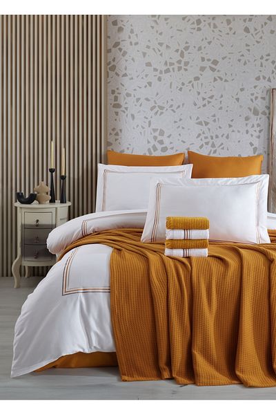Dantela Florentino Embroidered White/Orange Duvet Cover and Pike Set
