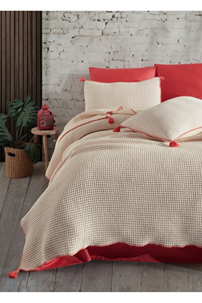 Dantela Drina Çift Kişilik Püsküllü Yatak Örtüsü Seti - Mercan