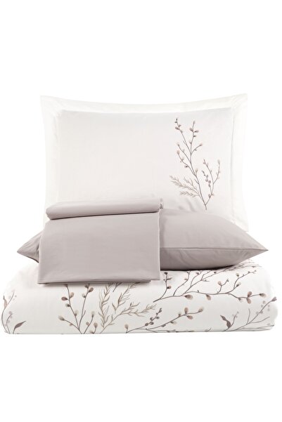 Dantela Poplin Satin Duvet Cover Set - Soul Embroidered, Cream