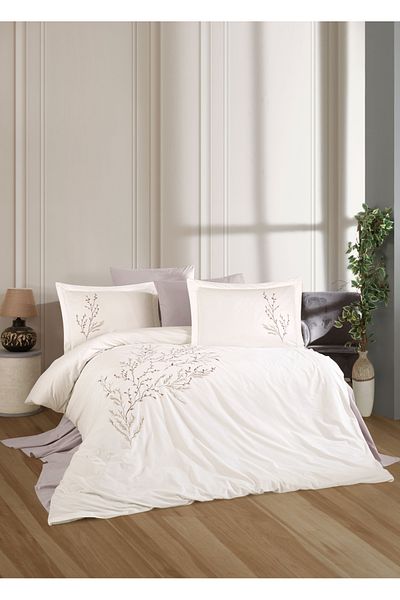 Dantela Set cuvertură de pilota din satin popelin - Brodat Soul, crem