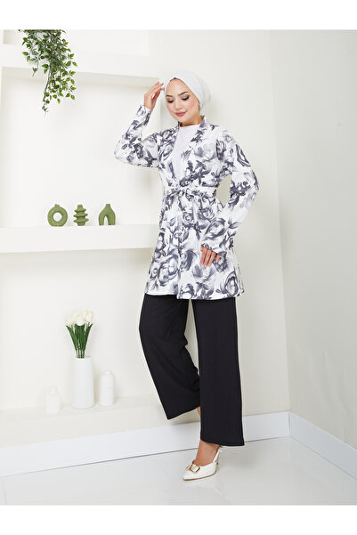 VOLT CLOTHİNG Kadın Çiçek Desenli Kapamasız  Kuşaklı Kimono Takım