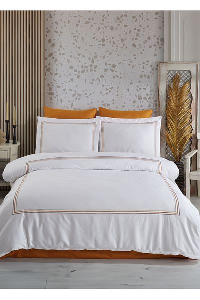 Dantela White-Orange Florentino Embroidered Cotton Satin Duvet Cover Set