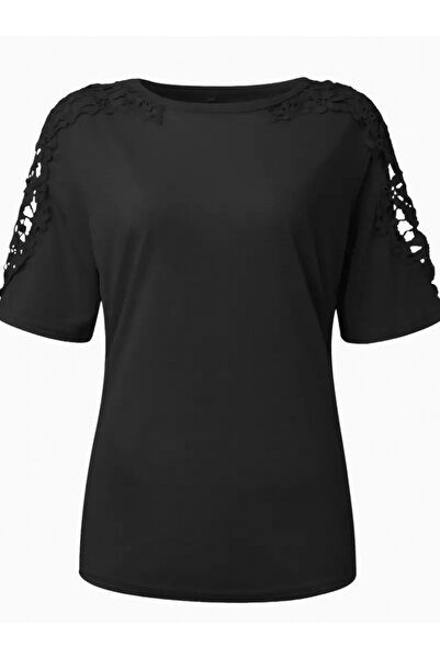 Moka Shopin Viscose Women's Blouse - Short Sleeve, Crew Neck, Floral Guipure Detail