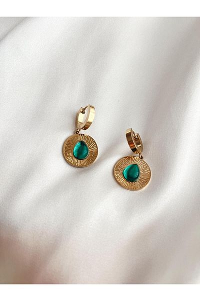 SWORDS CONCEPT Green Stone and Gold Detailed Dangle Women's Earrings