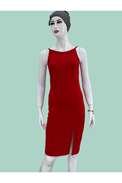 Moda Işık Kırmızı Renk Askılı Yırtmaçlı Dar Kesim Elbise