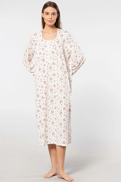 TÜREN Battal Size Floral Patterned Long Sleeve Viscose Women's Nightgown