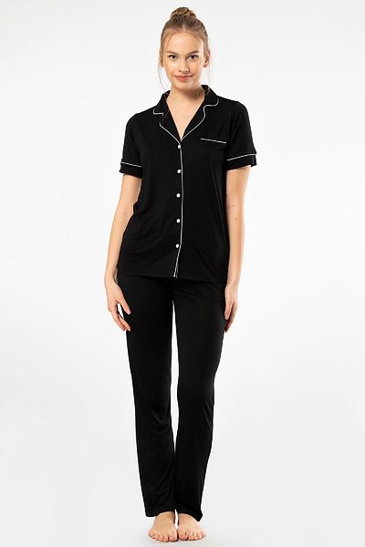 TÜREN Women's Shirt Collar Pajamas Set - Solid Short Sleeve, Button Front, 65% Viscose, 35% Polyester